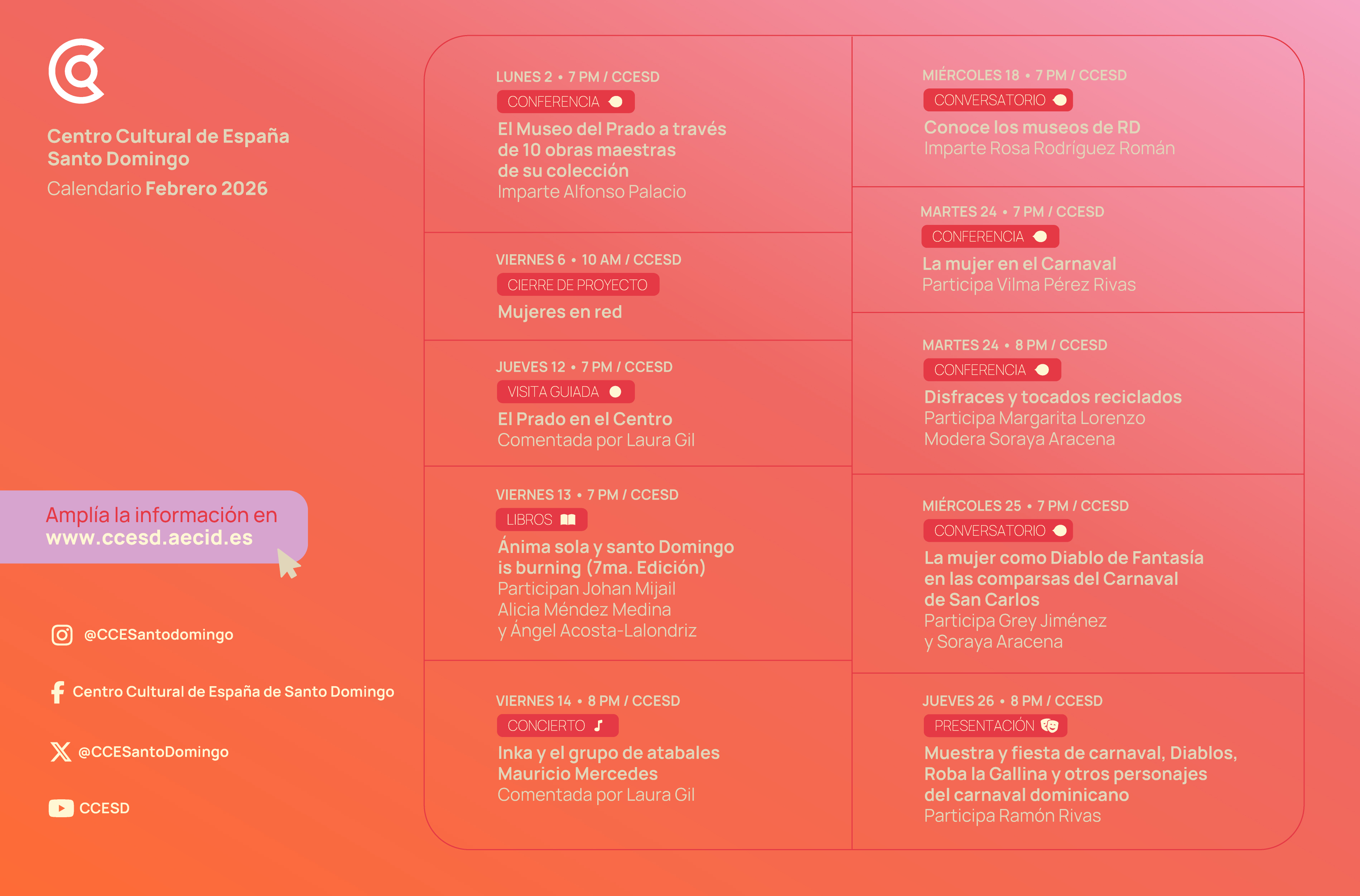 Calendario de actividades febrero 2026